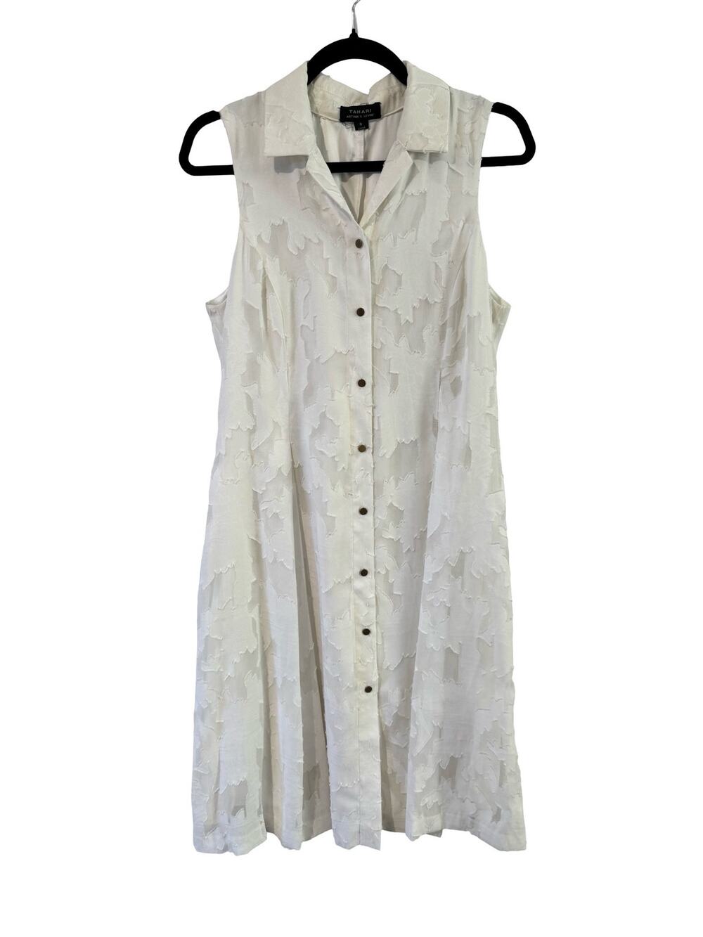 Tahari White Mesh Floral Applique Dress Size 8 Sleeveless Button Front